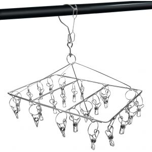 KALANKA-S&eacute;choir &agrave; chaussettes avec 24 pinces &agrave; linge en acier inoxydable avec crochet pivotant &iquest; Cintre &agrave; linge coupe-vent pour chaussettes, sous-v&ecirc;tements, v&ecirc;tements de b&eacute;b&eacute; et chapeaux (1 pi&egrave;ce) - Neuf