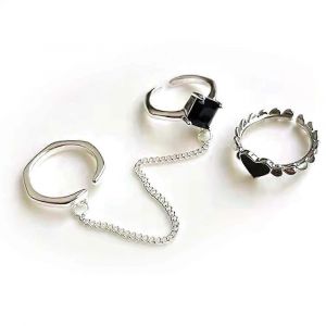 Vintage Noir Cristal Coeur Chaîne Bague Pour Les Femmes Simple Couleur Argent Ouvert Bague Doigt Manchette Ensemble Punk Rétro Femme Bijoux Cadeaux Accessoires - Neuf