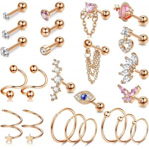 Kalhx-24pcs Helix Hypoallerg&eacute;nique Boucles D'oreilles Femme Tragus Conch Labret Cz Piercing Oreille Acier Inoxydable Cartilage 16g Or Argent Or Rose - Neuf