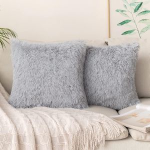 Cauc-Housse De Coussin Carr&eacute; Fausse Fourrure Duvet Poils Super Doux Lot De 2 D&eacute;coration De Canap&eacute; Confortable Moelleux Taie D'oreiller Pour Lit Sofa Salon Chambre 40x40cm Gris Clair - Neuf