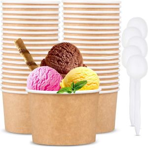 Checarzhn--No1-50 Pièces Bols À Glace En Papier Avec 50 Pièces Cuillères, 12oz /360ml Bols De Service En Papier Jetables Pour Aliments Chauds Et Froids Soupe Sundae Yaourt Glacé Dessert (Brun) - Neuf