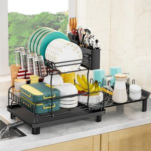 Egouttoir Vaisselle, 2 Niveaux Noir Egouttoir Vaisselle Sur Evier Pour Rangement Et Organisation De Cuisine, Accessoire Cuisine, Égouttoir Inox, Porte Ustensiles Cuisine - Neuf