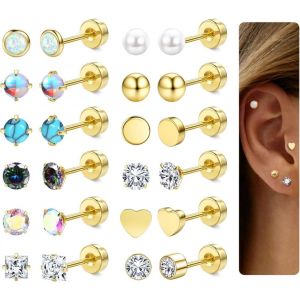 12 Pairs Small Women's Surgical Steel Hypoallergenic Earrings Cartilage Beads Turquoise Moonstone Zircon Stud Ear Piercing Jewellery - Neuf