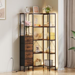 SUBZONAL-tag&egrave;re d'angle avec &Eacute;clairage LED Bibliotheque d'angle &agrave; 5 Niveaux et 4 Tiroirs en Tissu Meuble d'angle Biblioth&egrave;que Industrielle Armoire d'angle pour Salon Chambre Bureau Marron Rustique - Neuf