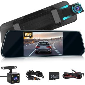 Dashcam Retroviseur pour Voiture avec Carte TF 64G,écran Tactile Full HD 1080P de 5,5 Pouces/Enregistrement en Boucle/Grand Angle 150°/Vision Nocturne/détection de Mouvement + Caméra de recul - Neuf