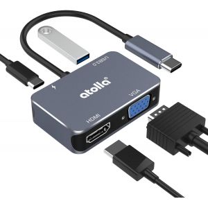 Hub USB C, Adaptateur USB C vers HDMI UHD avec Port HDMI 4K @ 30Hz + VGA 1080P + Port USB 3.0 + PD 60W pour MacBook air/MacBook Pro 2019/2018 et USB Type C p&eacute;riph&eacute;riques&iquest; - Neuf