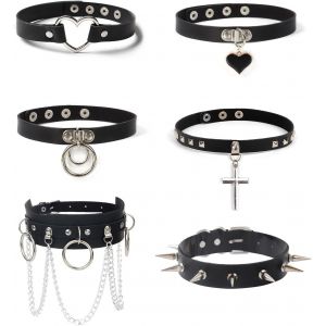 Kales-6 Pi&egrave;ces Choker Femme Gothique,Cuir Pu Ras De Cou &Agrave; Cha&icirc;ne Cercle Collier Rock Femme Homme R&eacute;glable,Cadeaux D'anniversaire Halloween No&euml;l - Neuf