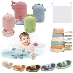 KAL-Set De 15 Jouets De Bain, Jouets De Bain Jouets &Agrave; Presser Sensoriels Avec Bateaux Empilables Et Cuill&egrave;re, Jouets Pour Plage Ou Plein Air, Animaux Jouets Flottants, Jouets Baignoire, Pour 1 2 3 An - Neuf