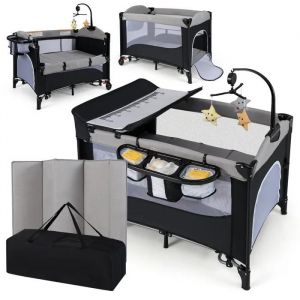 Costway Lit Parapluie B&eacute;b&eacute; Evolutif Avec Matelas 5 En 1 Table &Agrave; Langer,4 Hauteurs R&eacute;glables,Bo&icirc;te &Agrave; Musique Gris Clair - Neuf
