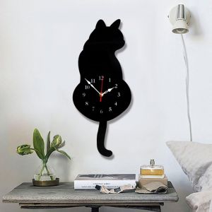 FCHHK-Ukey Horloge murale créative chat en acrylique avec pendule queue de chat (42 cm x 18 cm) Décoration d¿intérieur pour le salon, la chambre à coucher, la cuisine ¿ Pile non incluse - Neuf