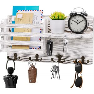 Cauc-Porte-Cl&eacute;s Mural Avec Aimant De Suspension &iquest; Porte-Courrier Rustique En Bois Avec Crochets &Agrave; Cl&eacute;s &iquest; Organiseur Mural Pour Entr&eacute;e, Vestibule, Couloir, Chambre, Salon Et Bureau &iquest; Blanc - Neuf