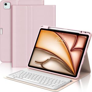 Coque Clavier Pour Ipad Air 13 Pouces(M3 2025, M2 2024), Azerty Français Housse Clavier Bluetooth Magnétique Détachable Avec Porte Crayon Pour Ipad Pro 12.9 Pouces(6e/5e/4e/3e Génération), Rose - Neuf