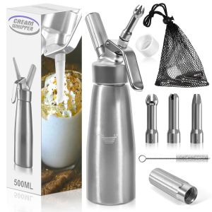 JEXNOVASHOP-siphon chantilly Professionnel, 500ml syphon &agrave; cr&egrave;me, avec 3 Douilles et 1 brosse, 1 sac en filet, siphons cuisine, syphon a cr&egrave;me fouet&eacute;e pour mousses et cr&egrave;mes - Neuf