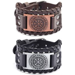 Cauc-Lot De 2 Bracelets Punk Tress&eacute;s En Alliage Et Cuir Pu Pour Homme Avec T&ecirc;te De Loup R&eacute;glable - Neuf