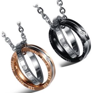 Kal-2 Pcs Collier Couple Personnalisé Pendentif Anneau Bague Entrelacé En Acier Inoxydable + Zircon Pour Homme Et Femme Ou Couples - Le Symbole De L'amitié,Cadeau Saint Valentin - Neuf