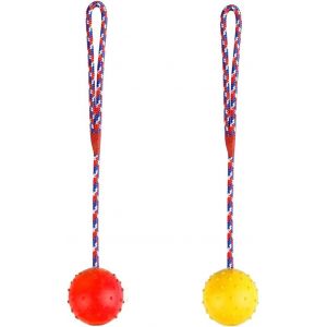 Lot De 2 Balles En Caoutchouc Color&eacute;es Avec Corde De 30 Cm-Jouet Interactif Pour Grands Et Petits Chiens - Neuf