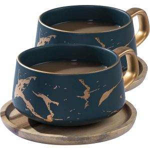 Chenquansarl-Lotde2tassescappuccinoavecsoucoupestassesenmarbre300mlenporcelainepourthcafcappuccinotassescafavecdisqueenboisvert - Neuf