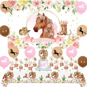 Décorations d'Anniversaire pour les Filles, Toile de Fond sur le Thème du Cheval, Nappe Rectangulaire en Forme, Ballons de Course de Chevaux pour les Fournitures de Fête Western Cowgirl - Neuf