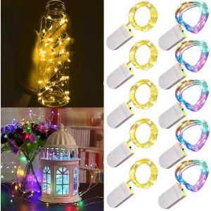 TRAHOO-Lot de 10 guirlandes lumineuses LED &agrave; piles 1m 10 LED fil d'argent multicolore et blanc chaud &eacute;tanche &eacute;toile bouteille guirlande lumineuse pour No&euml;l f&ecirc;te de mariage chambre d&eacute;coration int&eacute;rieu - Neuf