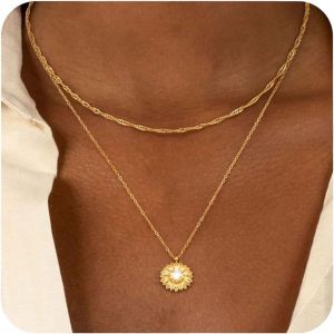 Kal-Collier Or Femme Plaquée Or Superposé Acier Inoxydable Réglable Pendentif Chaîne Satellite Papillon Vert Cz Ensemble De Colliers Pour Femmes - Neuf