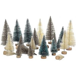 24 pcs mini arbre de Noël mini arbre de sisal givré arbre de table avec base en bois décor de neige d'hiver - Neuf