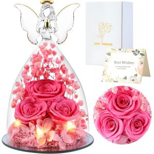 Cadeaux de Roses Eternelles pour Femmes, Cadeau Femme Roses Pr&eacute;serv&eacute;es dans des Figurines d'ange en Verre, Anges de Fleurs pour Maman Grand-m&egrave;re, Epouse, S?ur, Petite Amie (Rose) - Neuf