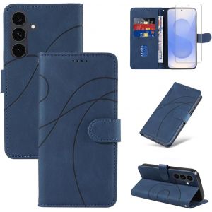 ELVORIX-Coque Compatible avec Samsung Galaxy S25 FE 5G (Pas pour S25) avec 1 Pi&egrave;ce Protection &Eacute;cran en Verre Tremp&eacute;, Housse PU Cuir &agrave; Rabat Flip, &Eacute;tui Support et Portefeuille Fonction (Bleu) - Neuf