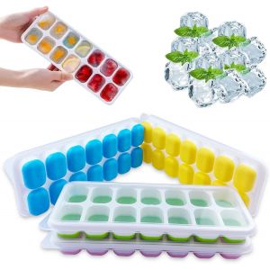 KALANKA-Lot de 4 Silicone facile &agrave; d&eacute;moule Sans BPA 14 Bacs &agrave; Gla&ccedil;ons avec Couvercle, empilable,Plaque Carr&eacute; Ice Cube Tray,pour Nourriture B&eacute;b&eacute;, Whisky, cocktail,Boissons - Neuf