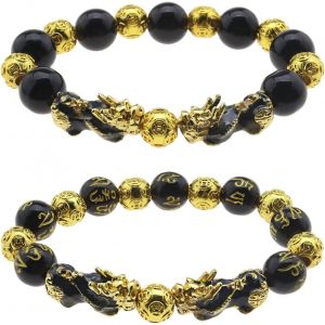 Kal-Lot De 2 Bracelets Feng Shui Avec Perles En Obsidienne Double Pixiu Pour Attirer La Chance, Richesse, Élasticité, Cadeau Pour Homme Et Femme - Neuf