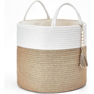 MEVRONISSHOP-Panier de rangement tiss&eacute; d&eacute;coratif en corde naturelle avec poign&eacute;es pour couvertures, jouets, v&ecirc;tements, chaussures, plantes, d&eacute;coration d'int&eacute;rieur, salon, 40,6 x 33 cm, blanc et jaune - Neuf