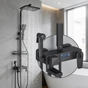 Ulteronixshop-Thermostatique Noir Colonne de Douche avec Mitigeur 38&deg;C Ensemble de Douche avec 4 Fonctions Hauteur R&eacute;glable Syst&egrave;me de Douche &agrave; T&ecirc;te Carr&eacute;e avec Douchette &agrave; Main pour Salle de Bain - Neuf
