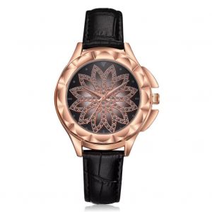 Fleur Motif D&eacute;coration Dame Montre Femmes Dame &Agrave; La Mode Quartz Mouvement Montre (Noir + Or) - Neuf