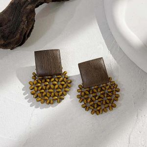 A850998e-001 - Boucles D'oreilles Géométriques Vintage En Bois Pour Femmes,Faites À La Main,Couleur Marron,En Forme De Feuille,Cercle Rond,Bijoux 2022 - Neuf