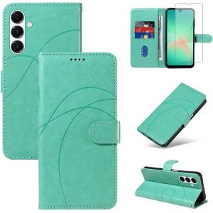 Sansh-Coque Pour Samsung Galaxy A26 5g Avec 1 Pièce Protection Écran En Verre Trempé, Housse Pu Cuir À Rabat Flip, Étui Support Et Portefeuille Fonction (Vert) - Neuf