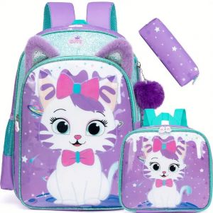 Sac &agrave; dos chat pourpre 3 pi&egrave;ces &eacute;cole primaire &ndash; Similicuir avec trousse et &eacute;tui - Neuf