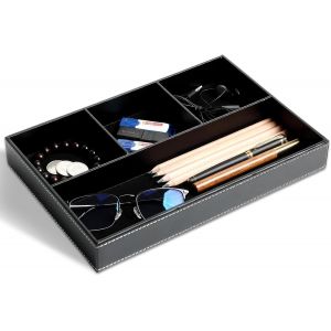 Trahoo-Plateau De Valet, Plateau En Pu Cuir De Grande Capacit&eacute; Avec 4 Compartiments, Plateau Organisateur Pour Cl&eacute;s, Plateau De Rangement Pour Monnaie, Organisateur De Tiroir Chevet Et Bureau - Neuf