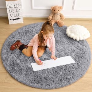 Tapis Rond Gris Pour Chambre D'adolescente, Tapis Moelleux À Poils Longs Pour Chambre De Bébé, Décoration D'intérieur, Tapis Rond Doux De 1,2 M Pour Salon, Tapis En Peluche Motif Château De Princesse - Neuf