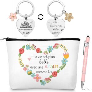 KALANKA-3 Cadeaux pour Maitresse d'École Atsem 1 Trousse de Maquillage Pochette de Toilettes 1 Porte Clés avec Gravure 1 Stylo à Bille Cadeau Merci AESH Fin d'Année Institutrice Enseignants Maternell - Neuf