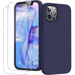 3 en 1 Coque Silicone Liquide pour iPhone 12/12 Pro 6,1 Pouces - avec 2 Verre Tremp&iquest;&iquest; - ?tui de Protection Antichoc en Microfibre Douce[R&iquest;&iquest;sistant aux Rayures] [Antid&iquest;&iquest;rapant], Bleu Marine - Neuf