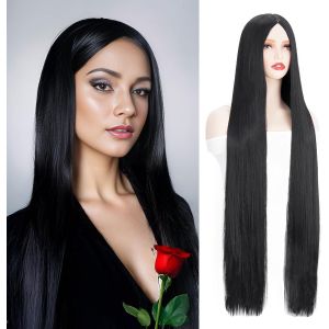 Kalanka-Perruque De Cosplay - Cheveux Longs - Résistante À La Chaleur - Coupe Réglable - 100 Cm - Pour Costume D'anime - Perruque Quotidienne Droite - Noir Naturel - Pour Halloween Et Cosplay - Neuf