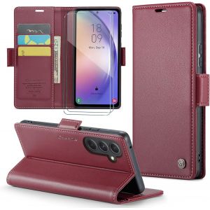 Kal-Coque Pour Samsung Galaxy A54 5g+ 2 Pièces Verre Trempé,Antivol,Prend En Charge Le Chargement Sans Fil, Pochette Fermeture Magnétique Flip Case-Bourgogne - Neuf
