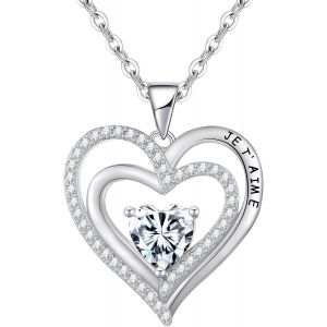 Kal-Collier Femme Argent Sterling 925 Je T'aime Double Coeur Pendentif Colliers Bijoux Idee Cadeau Original Fete Des Meres Anniversaire Saint Valentin Noel - Neuf