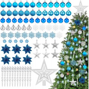 103 Pièces Set de Boules de Noël avec Lumière Décorative à LED Set de Décoration pour Sapin de Noël Boules de Noël Argentées et Bleues à Suspendre pour Sapin de Noël pour Fêtes de Fin d'Année - Neuf