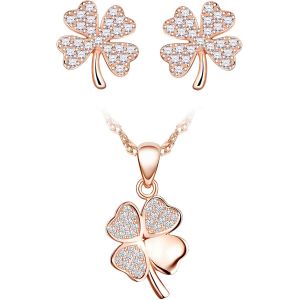 Collier Bracelet Et Bracelet Trèfle Pour Femmes Et Filles,Bijoux Parures En Argent 925,Collier Pendentif Trèfle,Bracelet Trèfle,Clou D'oreille Trèfle,Bijoux Trèfle Élégant,Or Rose - Neuf