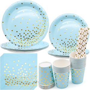 Checarzhn--No1-Vaisselle De Fête Bleu Et Or,80 Pièces Assiettes Anniversaire Garcon Comprendre Assiettes En Papier Serviettes Tasses Nappe, Pour Baby Shower Anniversaire Garçon Mariage Nouvel(20 Invi - Neuf