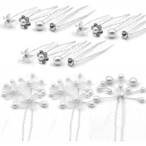 Meimie-Lot De 15 Épingles À Cheveux En Forme De U Avec Perles Et Fleurs - Pour Mariée Et Demoiselle D'honneur - Différents Styles Et Designs - Convient Pour Différentes Occasions - Neuf