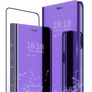 Sansh-Mlotech Coque Pour Samsung Galaxy A32 5g,Étui+ Verre Trempé Film Protecteur Flip Clear View Translucide Miroir Cover Standing 360°Housse Antichoc Smart Cover Bumper Bleu Violet - Neuf