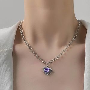 Collier Coeur Cristal Violet Collier Pendentif Coeur Amour Collier Chaine Argent&eacute;e Collier Amour Cz Brillant Collier Chaine Punk Collier Ras Du Cou Bijoux Chaine Pour Femmes Et Filles Cadeaux - Neuf