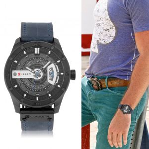 Montre A Quartz Analogique Curren Pour Homme, Bracelet Rond En Pu (Bracelet Bleu) - Neuf
