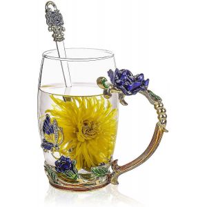 Tasses À Thé De Fleur Avec Cuillèretasses À Café En Verreémail Fait À La Main Unique Papillon Rosetasses À Thé Pour Les Femmes,Idées De Cadeaux Pour Les Femmes (Rose-Blue-Tall) - Neuf